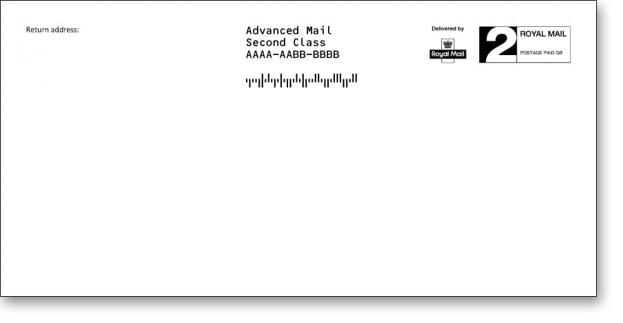 Example of a DL+ size (114mm x 229mm) Advanced Mail Printed Envelope